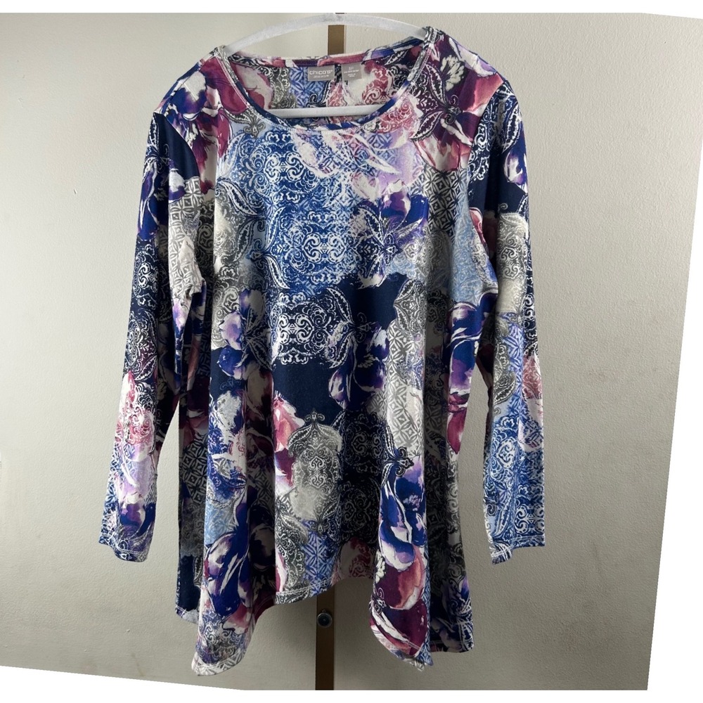 Chicos Zenergy Tunic Top Womens 3P Blue Purple Floral Paisley Sharkbite Hem 2021